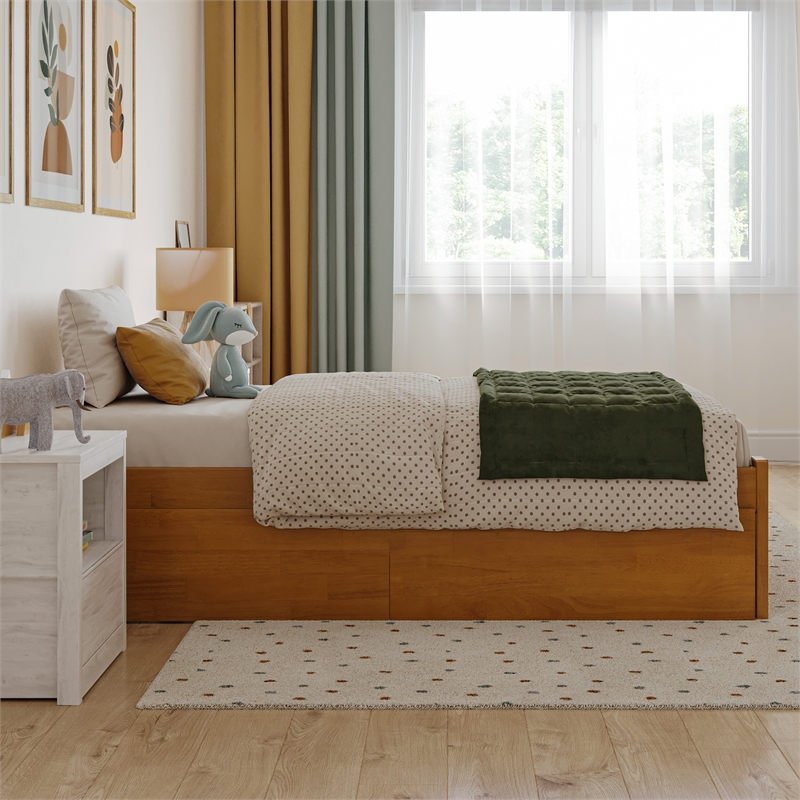 Concord Twin Wood Platform Bed with Footboard and Drawers in Light Toffee