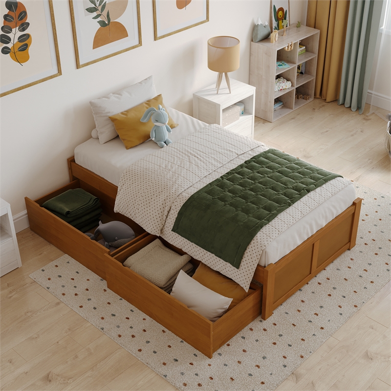 Concord Twin Wood Platform Bed with Footboard and Drawers in Light Toffee