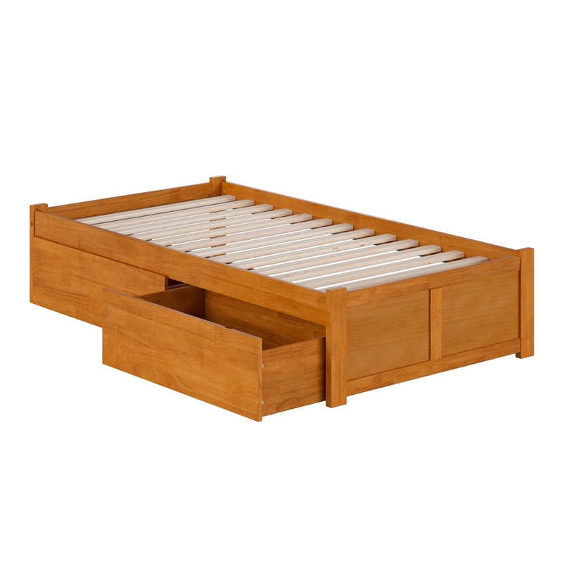 Concord Twin Wood Platform Bed with Footboard and Drawers in Light Toffee