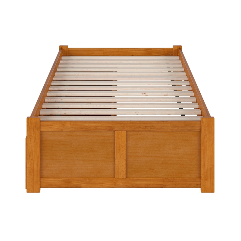 Concord Twin Wood Platform Bed with Footboard and Drawers in Light Toffee