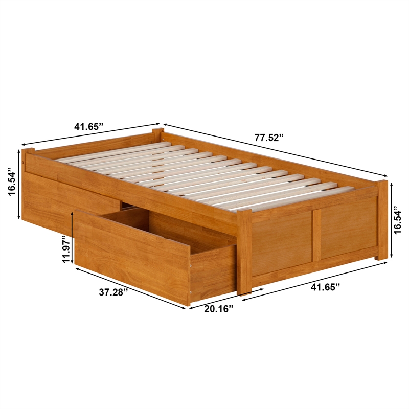 Concord Twin Wood Platform Bed with Footboard and Drawers in Light Toffee