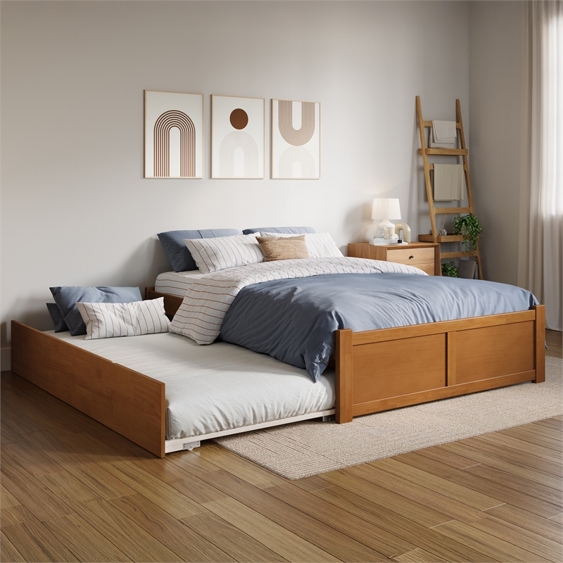Concord Full Wood Platform Bed with Footboard and Twin Trundle in Light Toffee