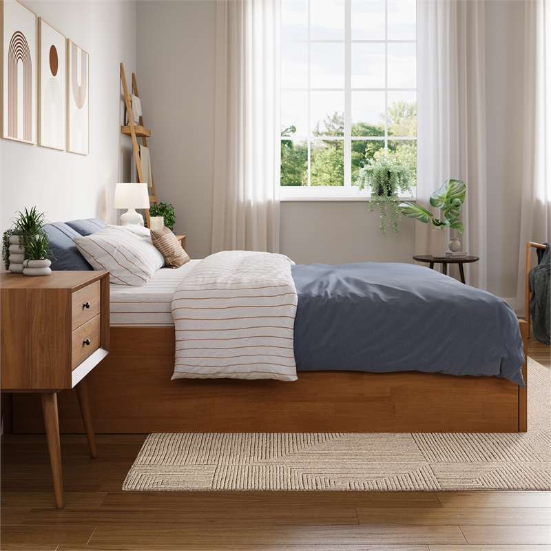 Concord Full Wood Platform Bed with Footboard and Twin Trundle in Light Toffee