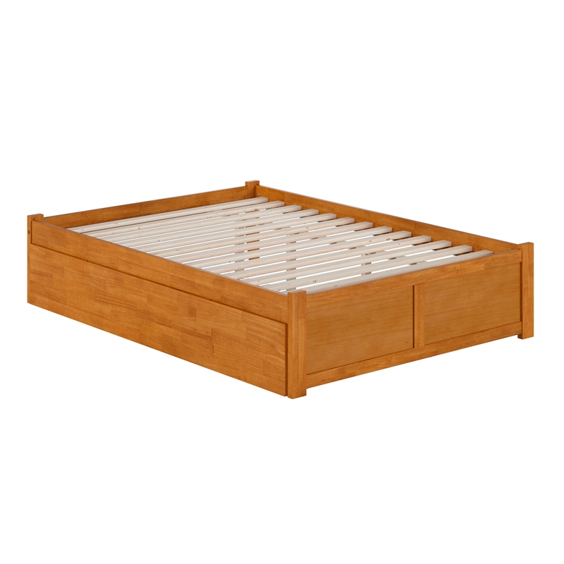 Concord Full Wood Platform Bed with Footboard and Twin Trundle in Light Toffee