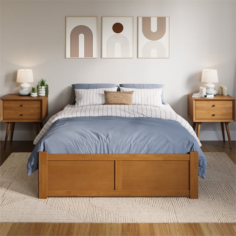 Concord Full Wood Platform Bed with Footboard and Full Trundle in Light Toffee