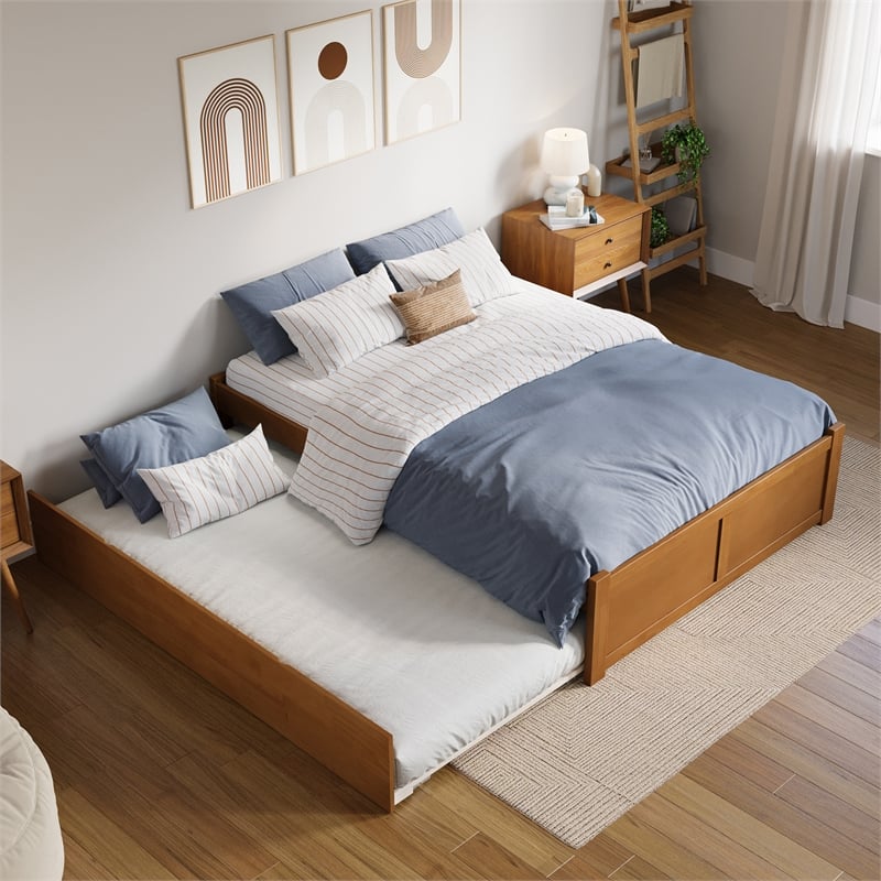 Concord Full Wood Platform Bed with Footboard and Full Trundle in Light Toffee