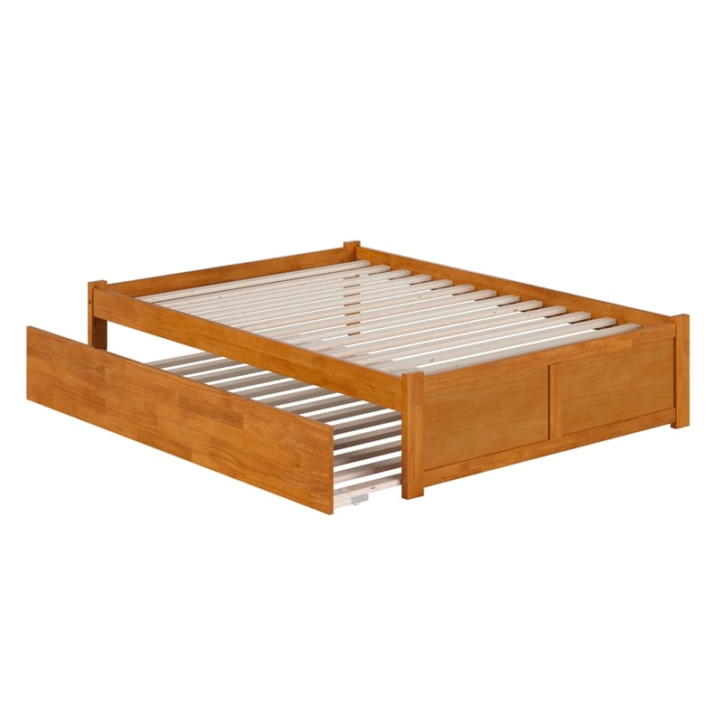 Concord Full Wood Platform Bed with Footboard and Full Trundle in Light Toffee