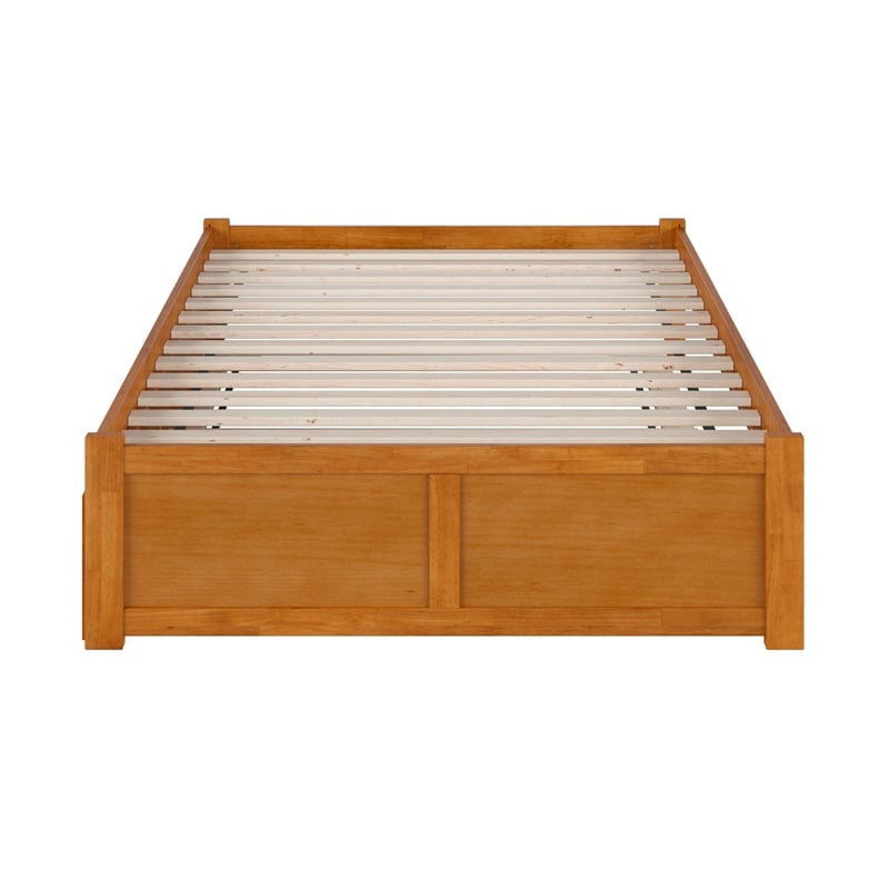 Concord Full Wood Platform Bed with Footboard and Full Trundle in Light Toffee