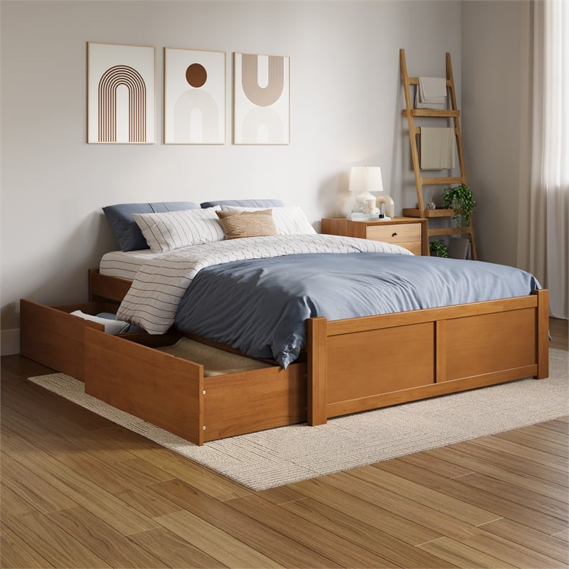 Concord Full Wood Platform Bed with Footboard and Drawers in Light Toffee