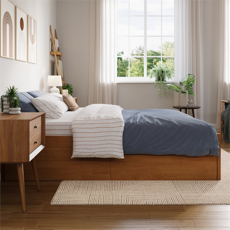 Concord Full Wood Platform Bed with Footboard and Drawers in Light Toffee