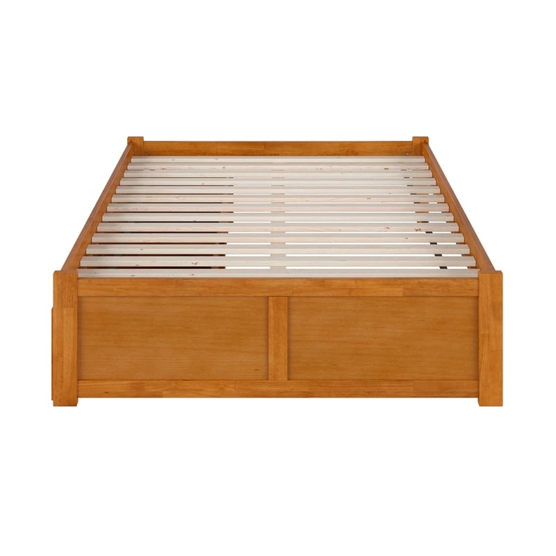 Concord Full Wood Platform Bed with Footboard and Drawers in Light Toffee