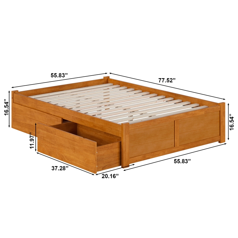 Concord Full Wood Platform Bed with Footboard and Drawers in Light Toffee