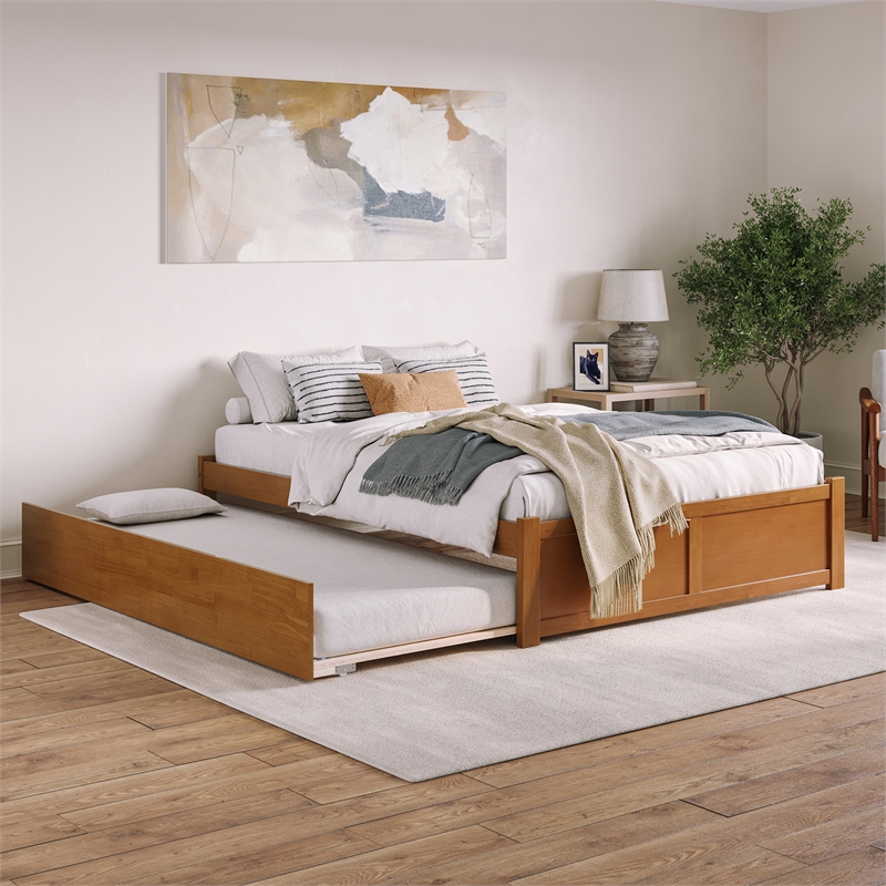 Concord Queen Wood Platform Bed with Footboard and TXL Trundle in Light Toffee