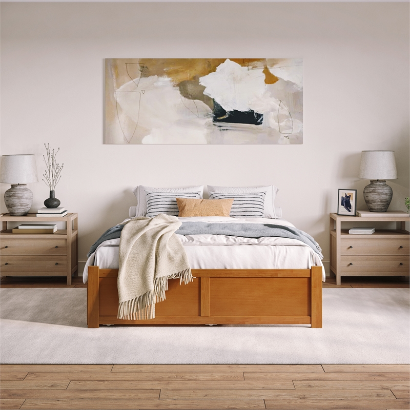 Concord Queen Wood Platform Bed with Footboard and TXL Trundle in Light Toffee