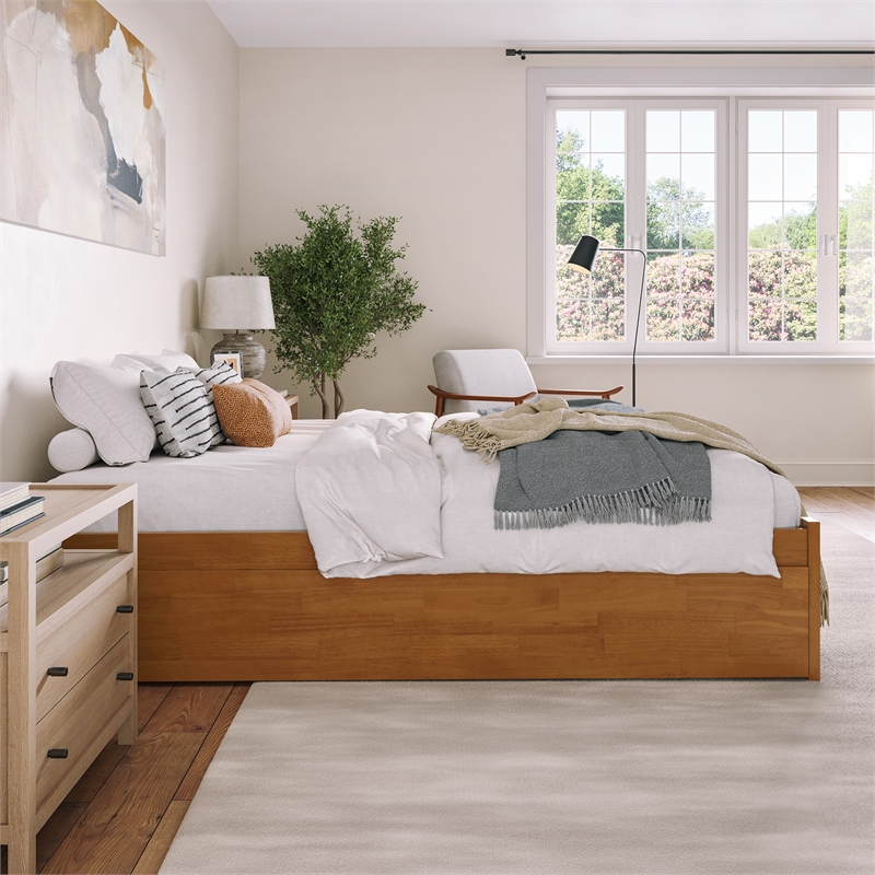 Concord Queen Wood Platform Bed with Footboard and TXL Trundle in Light Toffee