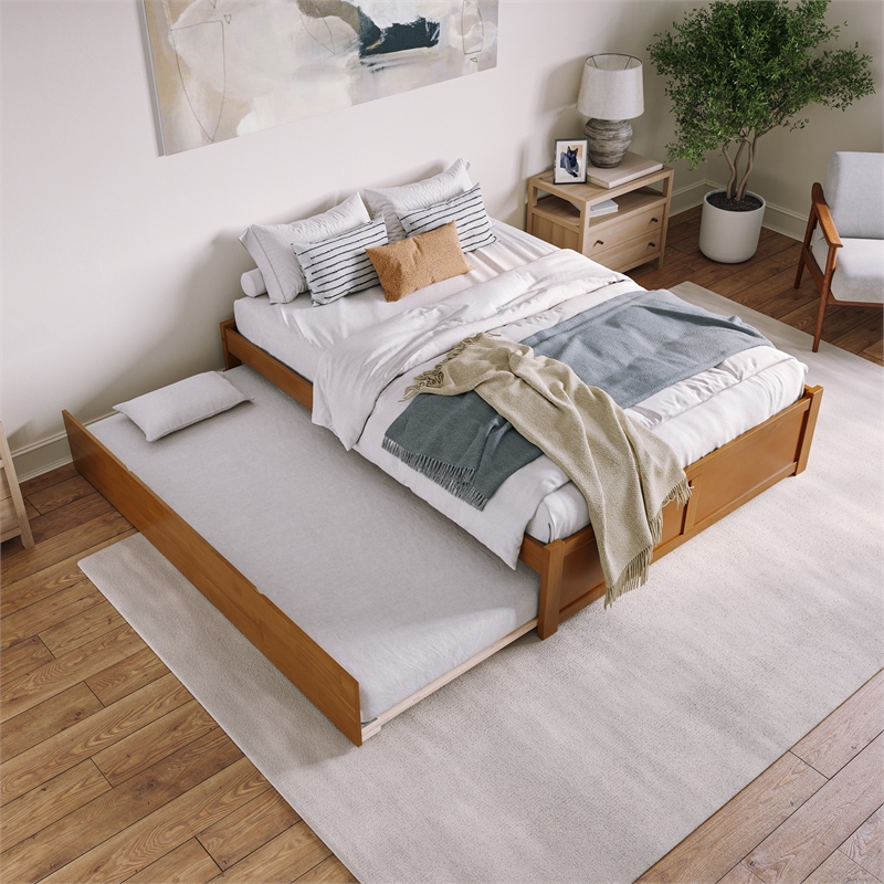 Concord Queen Wood Platform Bed with Footboard and TXL Trundle in Light Toffee