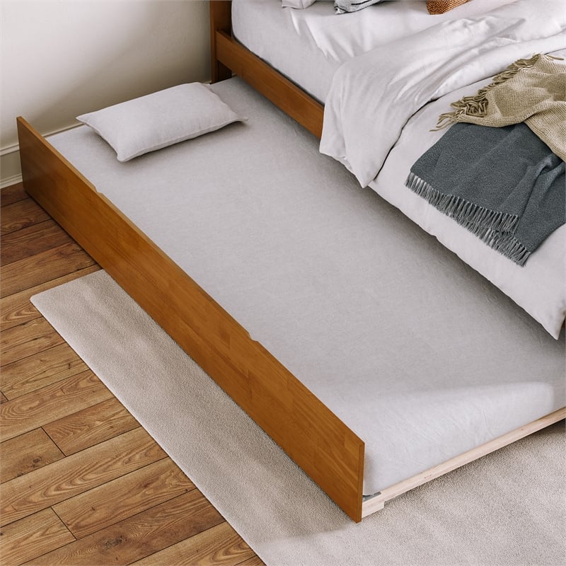 Concord Queen Wood Platform Bed with Footboard and TXL Trundle in Light Toffee