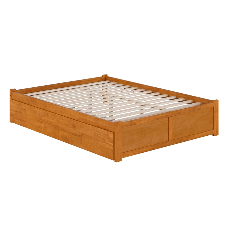 Concord Queen Wood Platform Bed with Footboard and TXL Trundle in Light Toffee