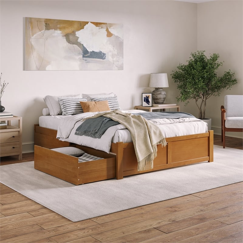 Concord Queen Wood Platform Bed with Footboard and Drawers in Light Toffee