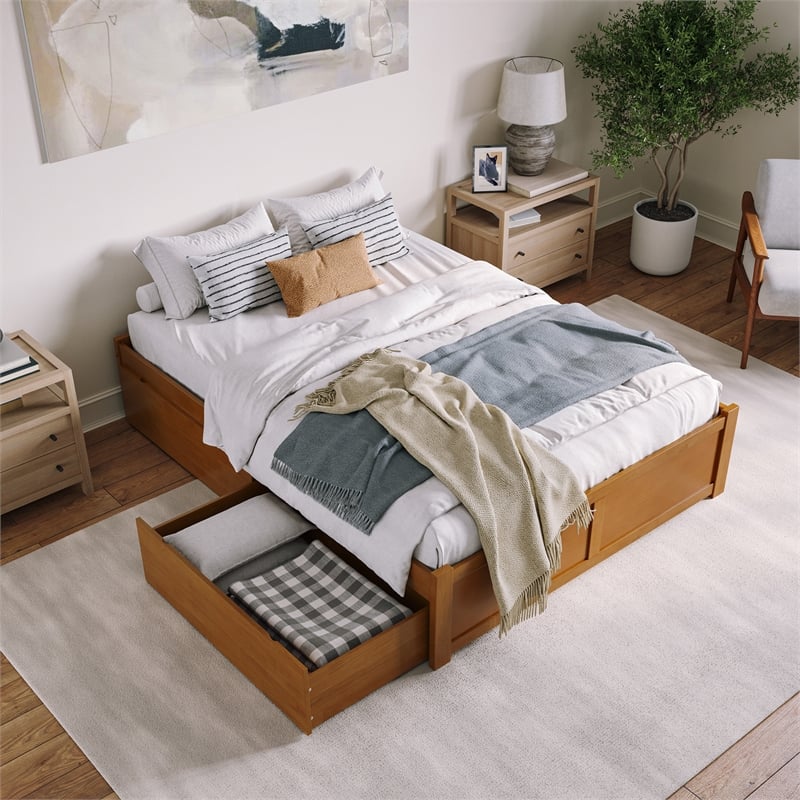 Concord Queen Wood Platform Bed with Footboard and Drawers in Light Toffee