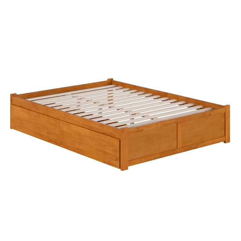 Concord Queen Wood Platform Bed with Footboard and Drawers in Light Toffee