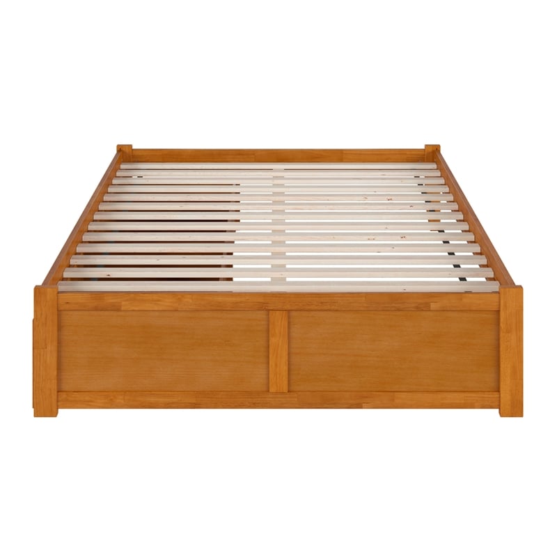 Concord Queen Wood Platform Bed with Footboard and Drawers in Light Toffee