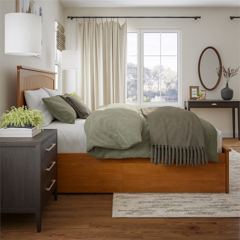 Nantucket King Platform Bed with Matching Footboard and Drawers in Light Toffee