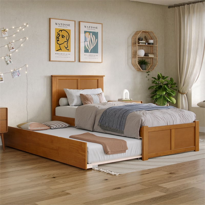 Madison Twin XL Wood Platform Bed with Footboard and Trundle in Light Toffee