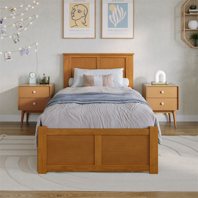 Madison Twin XL Wood Platform Bed with Footboard and Trundle in Light Toffee
