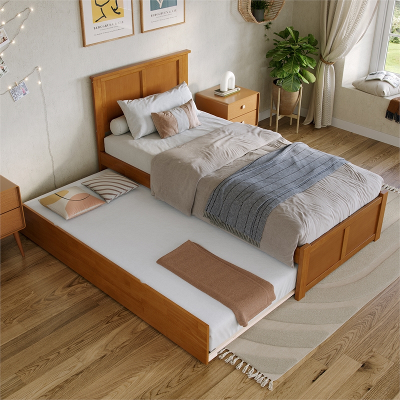 Madison Twin XL Wood Platform Bed with Footboard and Trundle in Light Toffee
