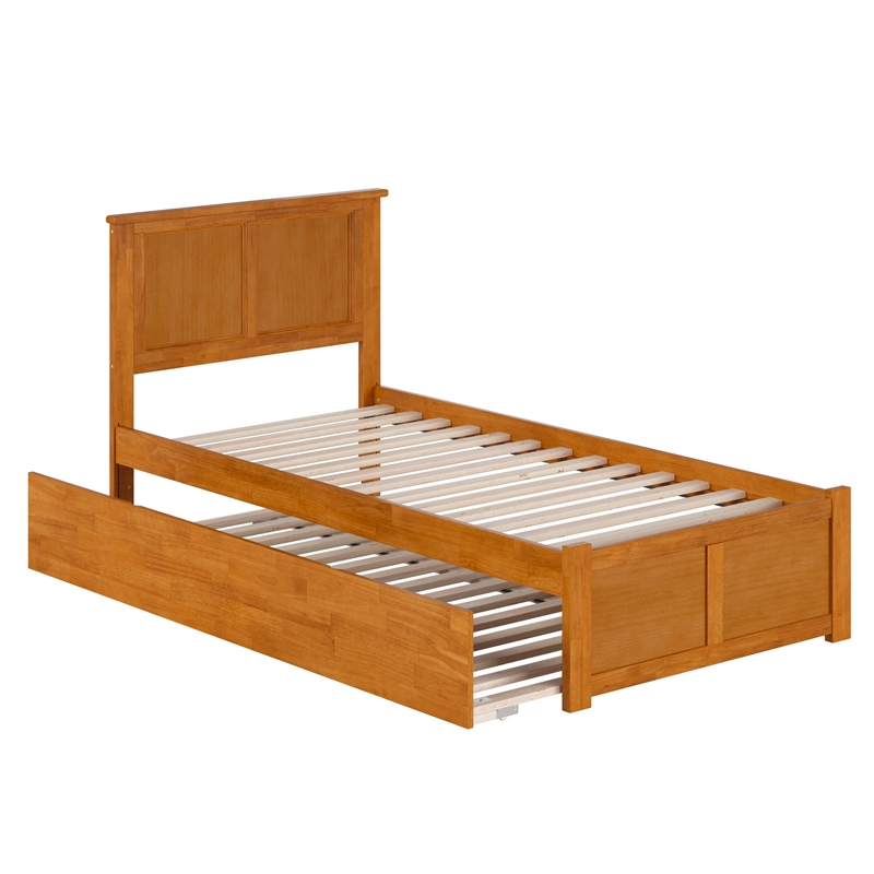 Madison Twin XL Wood Platform Bed with Footboard and Trundle in Light Toffee