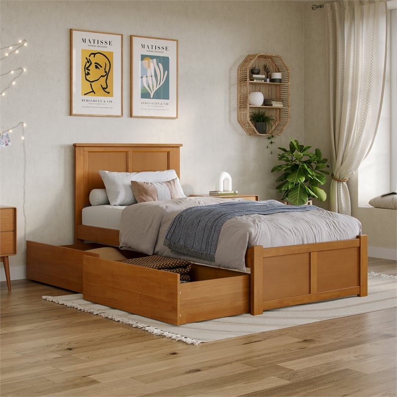 Madison Twin XL Wood Platform Bed with Footboard and Drawers in Light Toffee
