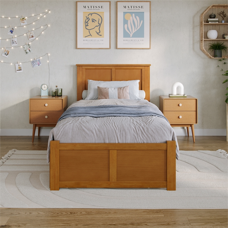Madison Twin XL Wood Platform Bed with Footboard and Drawers in Light Toffee