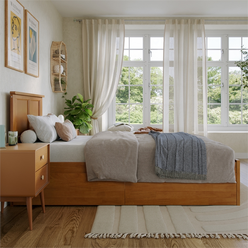 Madison Twin XL Wood Platform Bed with Footboard and Drawers in Light Toffee