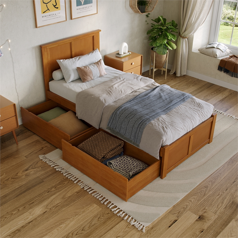 Madison Twin XL Wood Platform Bed with Footboard and Drawers in Light Toffee