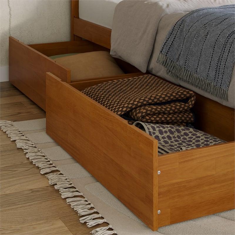 Madison Twin XL Wood Platform Bed with Footboard and Drawers in Light Toffee