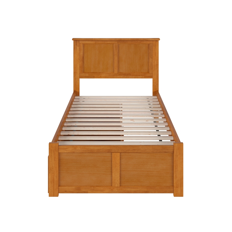 Madison Twin XL Wood Platform Bed with Footboard and Drawers in Light Toffee
