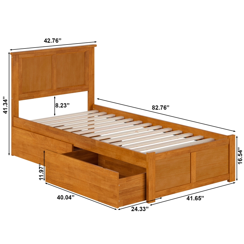 Madison Twin XL Wood Platform Bed with Footboard and Drawers in Light Toffee