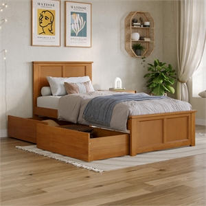 Madison Twin XL Platform Bed with Matching Footboard & Drawers in Light Toffee
