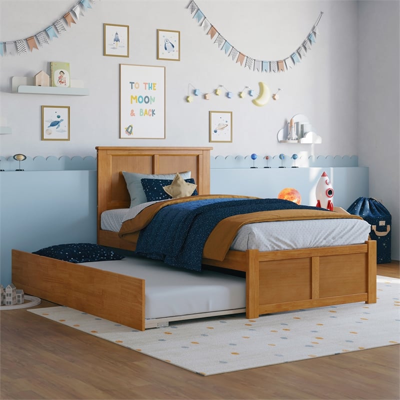 Madison Twin Wood Platform Bed with Footboard and Twin Trundle in Light Toffee