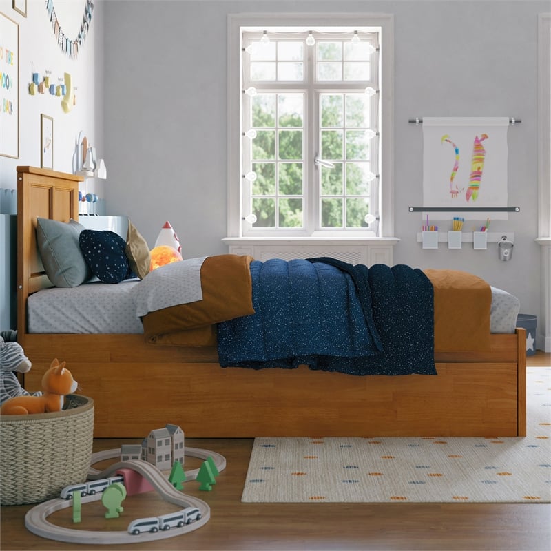 Madison Twin Wood Platform Bed with Footboard and Twin Trundle in Light Toffee
