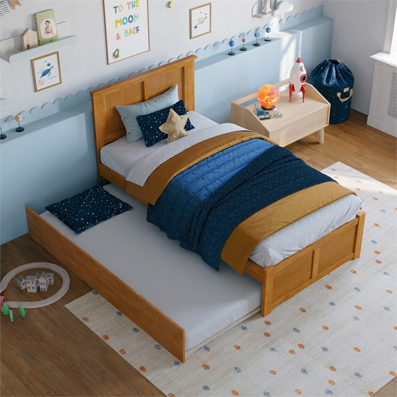 Madison Twin Wood Platform Bed with Footboard and Twin Trundle in Light Toffee