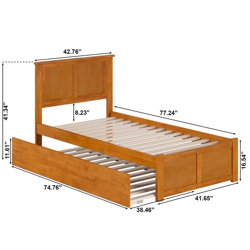 Madison Twin Wood Platform Bed with Footboard and Twin Trundle in Light Toffee