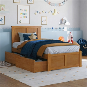 Madison Twin Wood Platform Bed with Footboard & Storage Drawers in Light Toffee