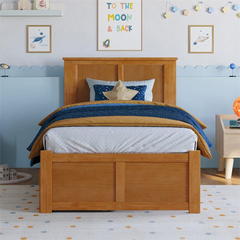 Madison Twin Wood Platform Bed with Footboard & Storage Drawers in Light Toffee