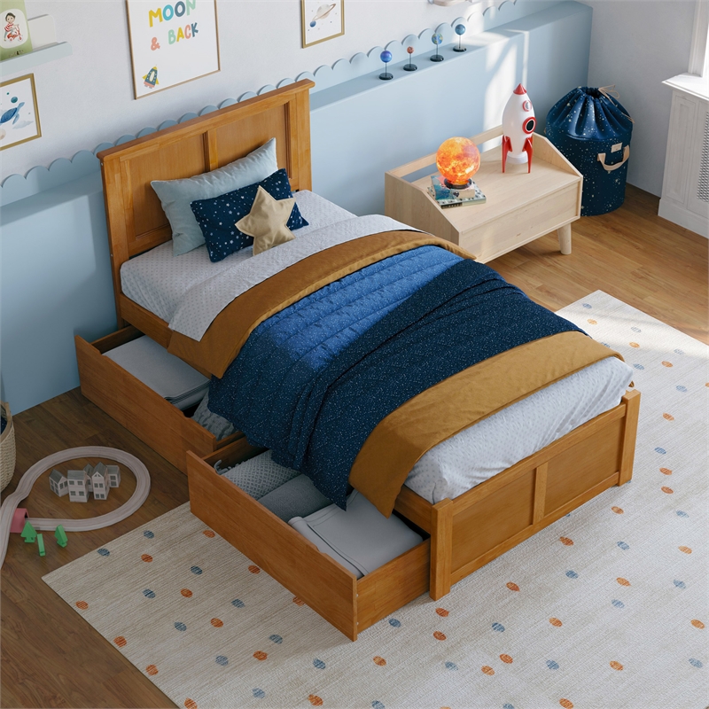 Madison Twin Wood Platform Bed with Footboard & Storage Drawers in Light Toffee