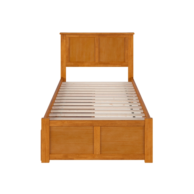 Madison Twin Wood Platform Bed with Footboard & Storage Drawers in Light Toffee