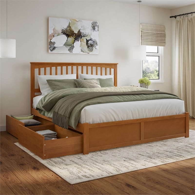 Mission King Wood Platform Bed with Footboard & Storage Drawers in Light Toffee