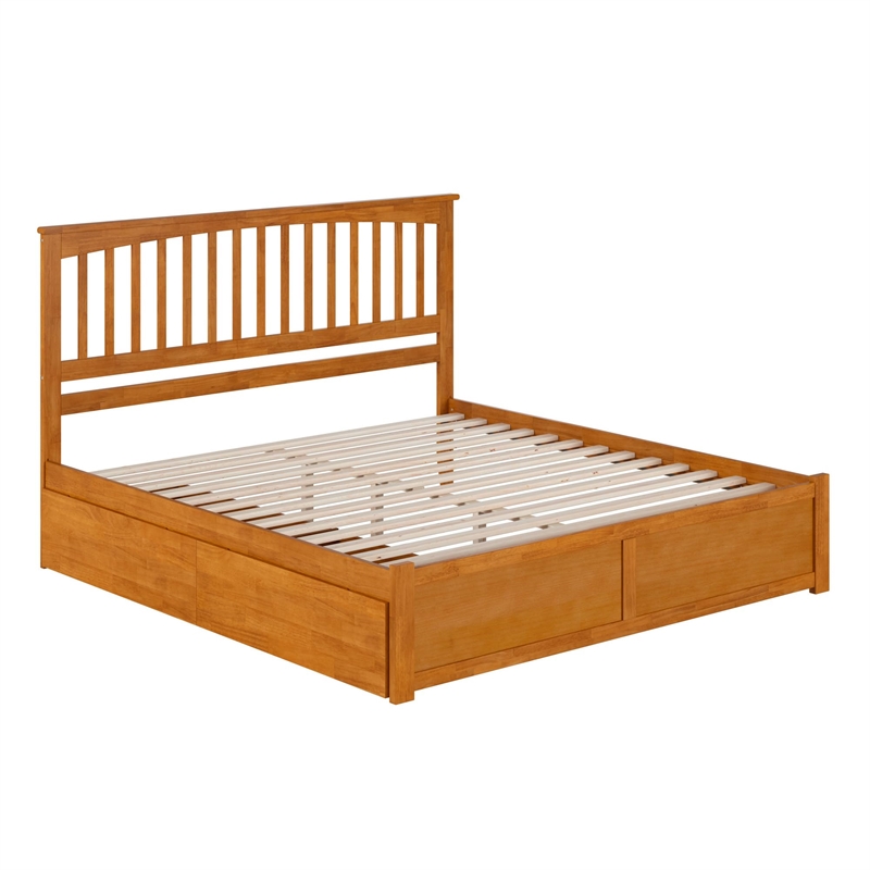 Mission King Wood Platform Bed with Footboard & Storage Drawers in Light Toffee