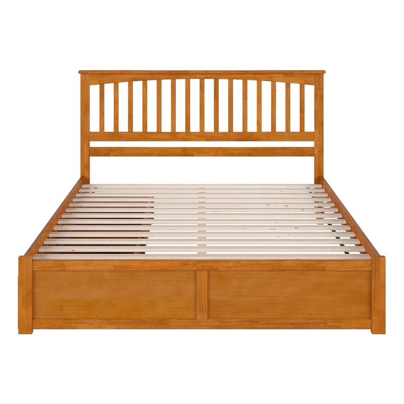 Mission King Wood Platform Bed with Footboard & Storage Drawers in Light Toffee